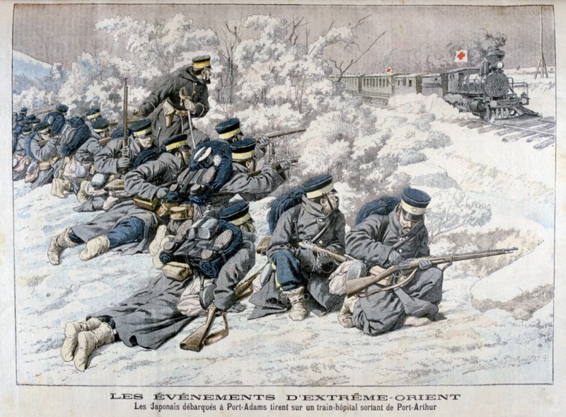 Japanese attack on a hospital train near Port Arthur, Manchuria, Russo-Japanese War, 1904. Artist: Unknown