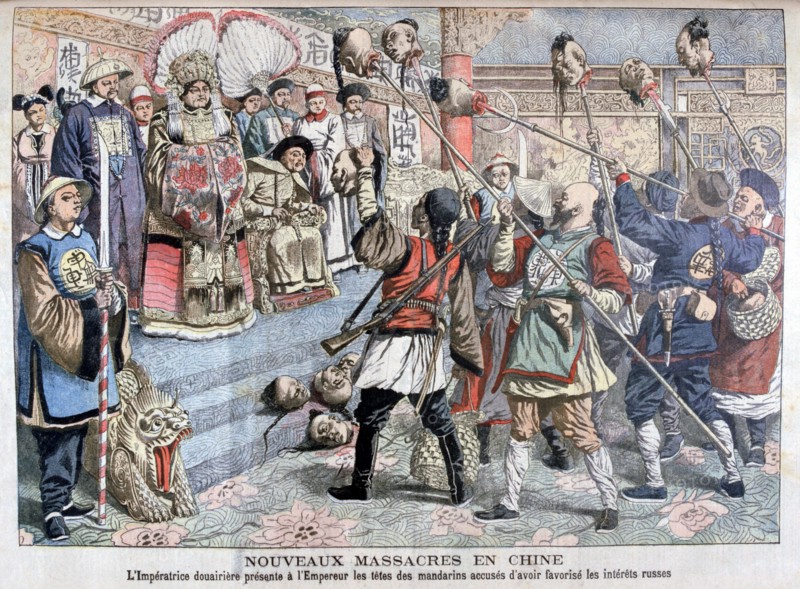 The Emperor being shown heads of Mandarins suspected of supporting the Russians, China, 1904. Artist: Unknown