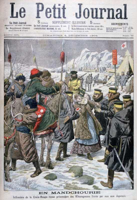 Russian nurse taken prisoner by the Manchus being handed over to the Japanese, Manchuria, 1904. Artist: Unknown