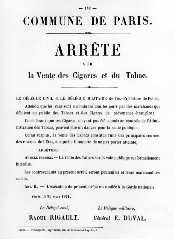 Arrete sur la Vente des Cigares et du Tabac, from French Political posters of the Paris Commune Artist: Unknown