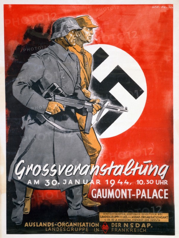 NSDAP poster for a meeting at the Gaumont Palace, France, 30th January 1944. Artist: Unknown