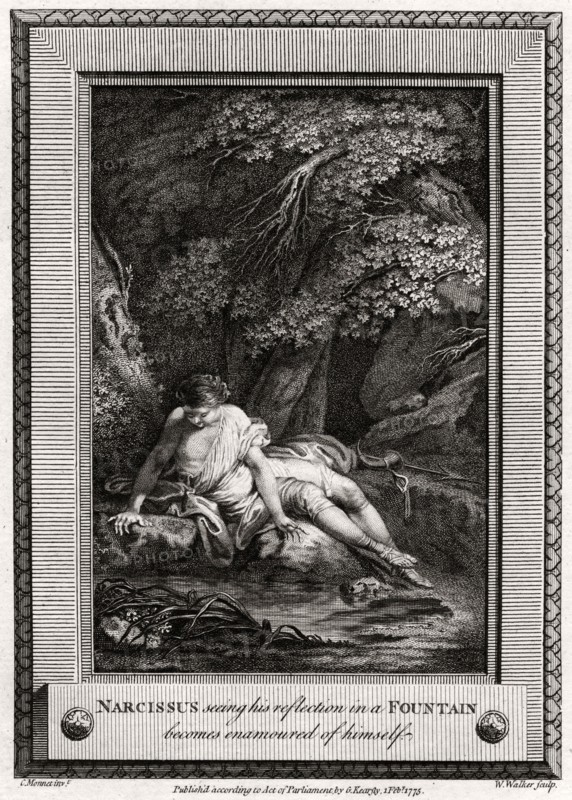 'Narcissus seeing his reflection in a Fountain becomes enamourd of himself', 1775. Artist: W Walker