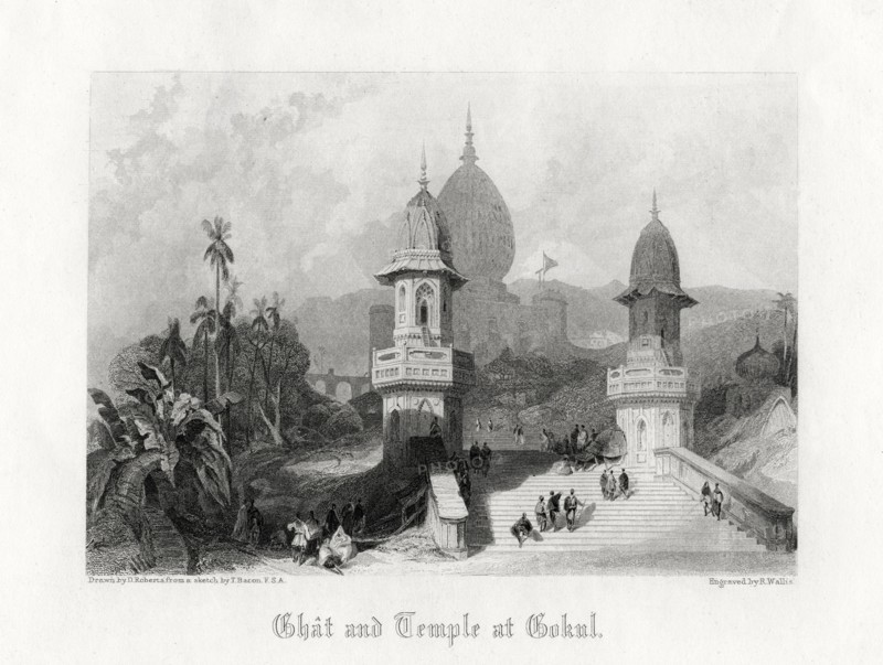 'Ghat and Temple at Gokul', India, c1838.Artist: R Wallis