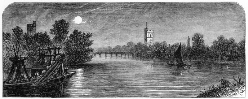 'Putney Bridge and Church by Moonlight', 1880. Artist: Robert Taylor Pritchett