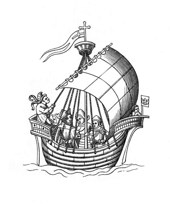 Sailing ship, 1445, (1843).Artist: Henry Shaw