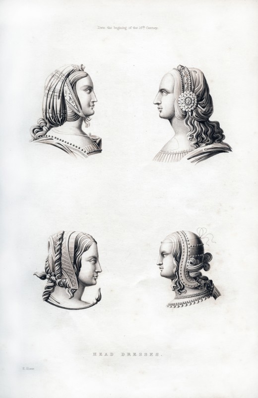 Headdresses, early 16th century, (1843).Artist: Henry Shaw