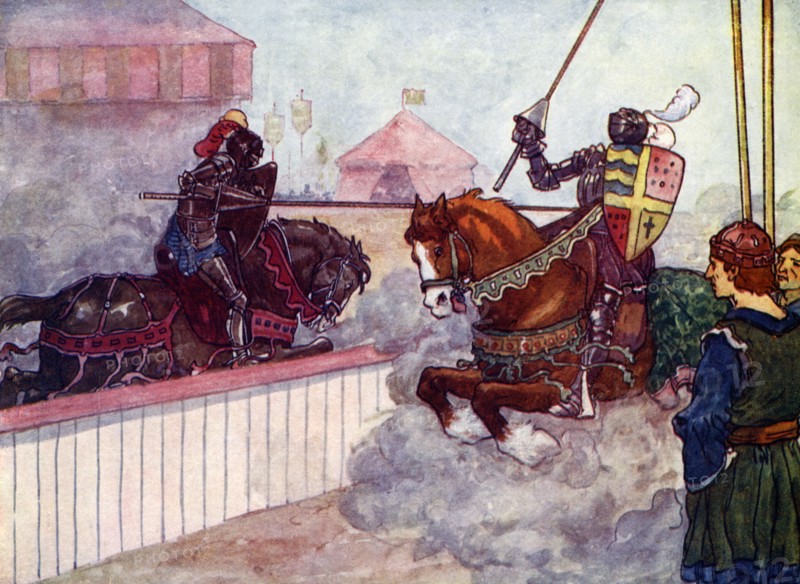 'The Count rode again and again at Edward till his lance was splintered in his hand', c1270, (1905).Artist: A S Forrest