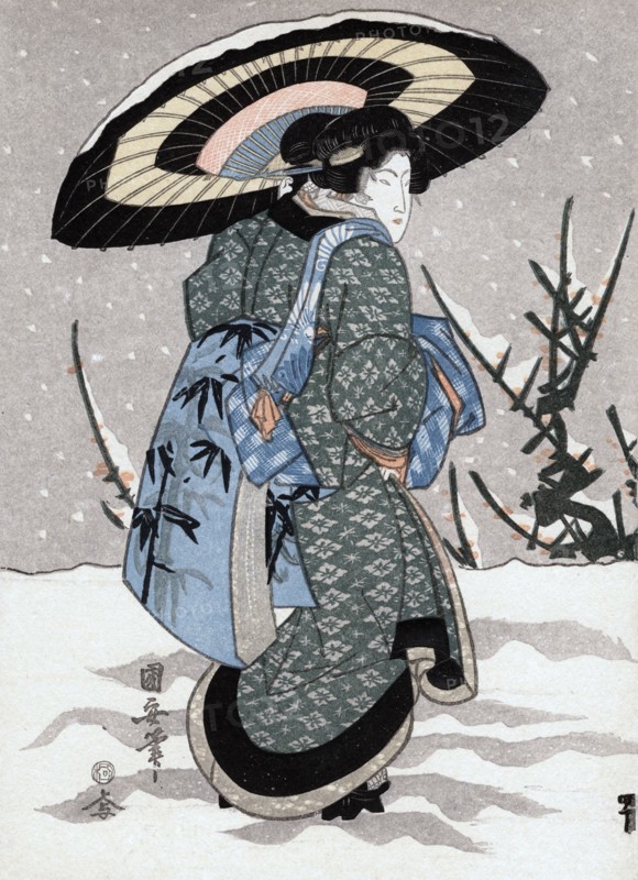 'Girl in Snow Storm', 19th century. Artist: Kuniyasu