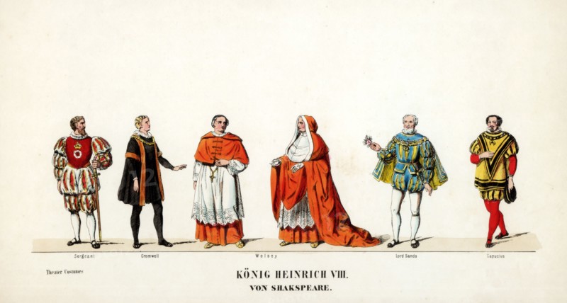 Theatre costume designs for Shakespeare's play, Henry VIII, 19th century. Artist: Unknown