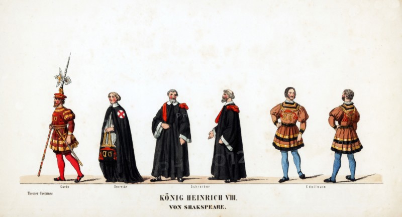 Theatre costume designs for Shakespeare's play, Henry VIII, 19th century. Artist: Unknown