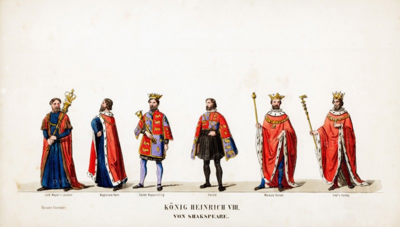 Theatre costume designs for Shakespeare's play, Henry VIII, 19th century. Artist: Unknown