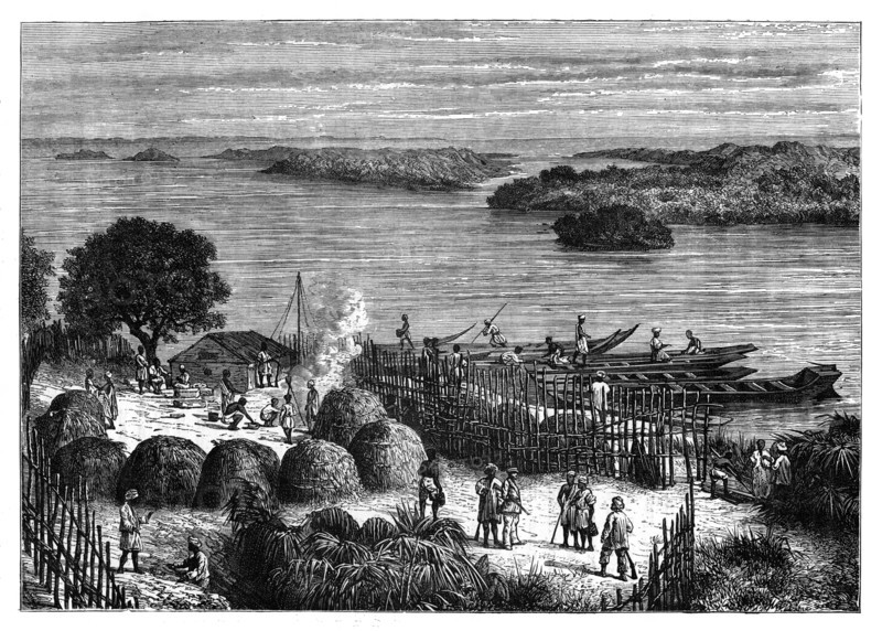 An encampment on the River Congo, Africa, c1890. Artist: Unknown