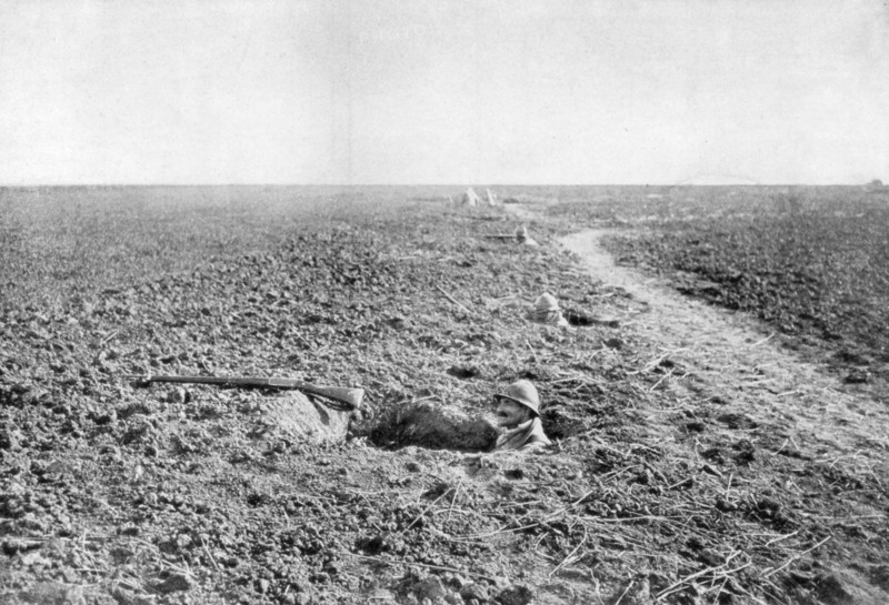 A line of French infantry foxholes, 1918. Artist: Unknown