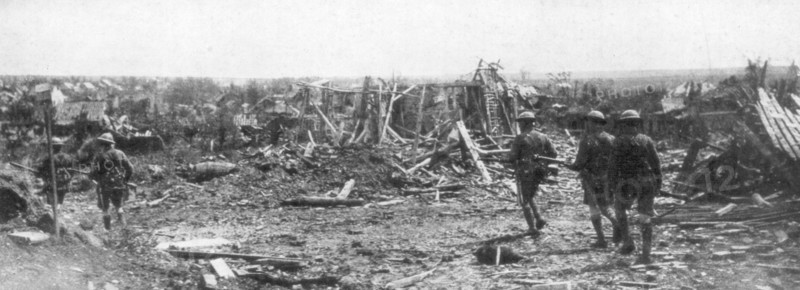 British soldiers exploring the ruins of Albert, Somme, France, 22 August 1918. Artist: Unknown