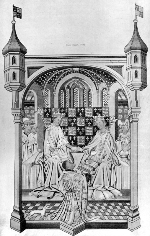John Talbot, Earl of Shrewsbury, presenting a book to Margaret of Anjou, c1445, (1910). Artist: Unknown