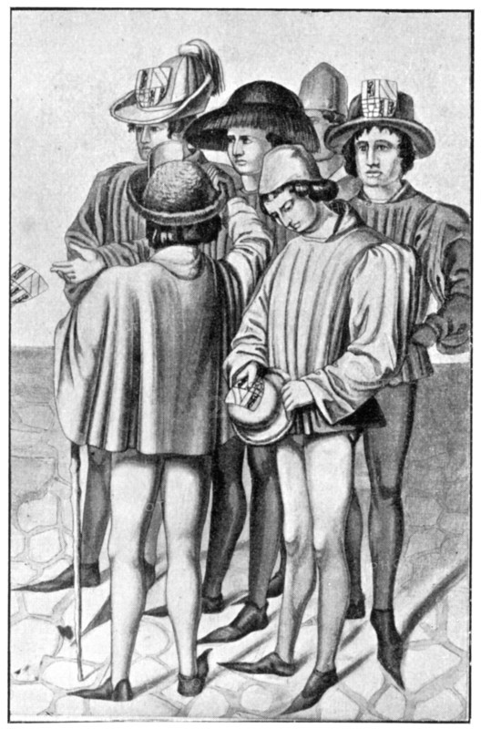 Men wearing favours in their hats, 15th century, (1910). Artist: Unknown