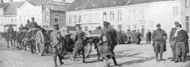 British horse-drawn artillery in a Belgian village, August 1914. Artist: Unknown