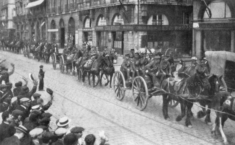 British Horse drawn artillery in Rouen, France, August 1914, (1926). Artist: Unknown