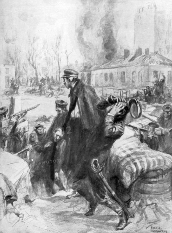 'Marine fusiliers involved in a street battle in Diksmuide', Flanders, Belgium, 1914 (1926).Artist: Charles Fouqueray
