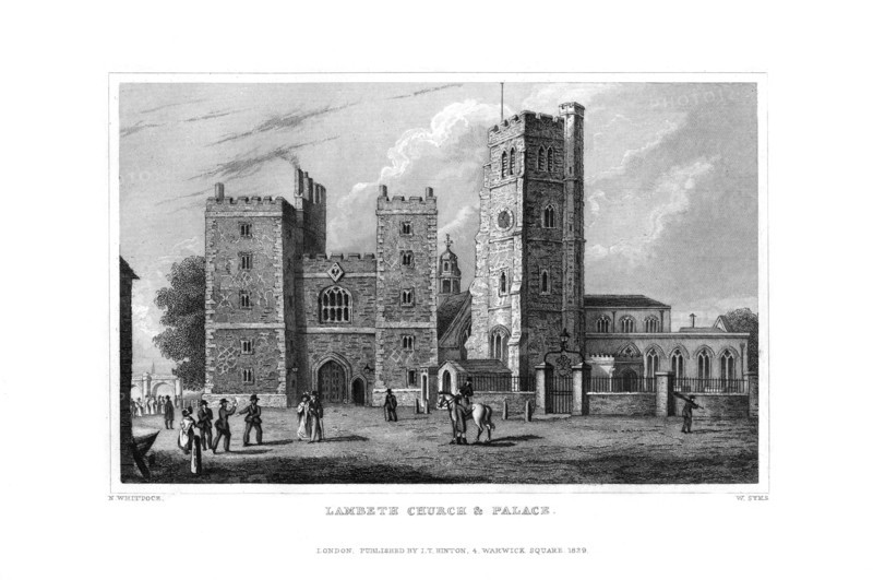 Lambeth Church and Palace, London, 1829.Artist: W Syms