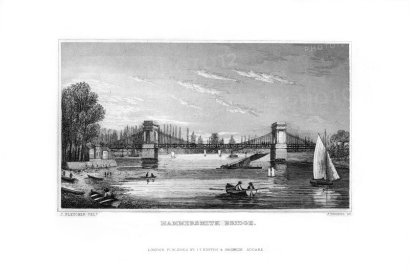 Hammersmith Bridge, Hammersmith, London, 1829.Artist: J Rogers