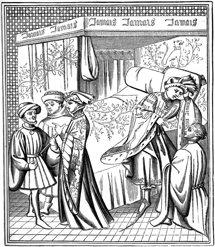 A bed furnished with a canopy and curtains, late 14th century, (1870). Artist: Unknown