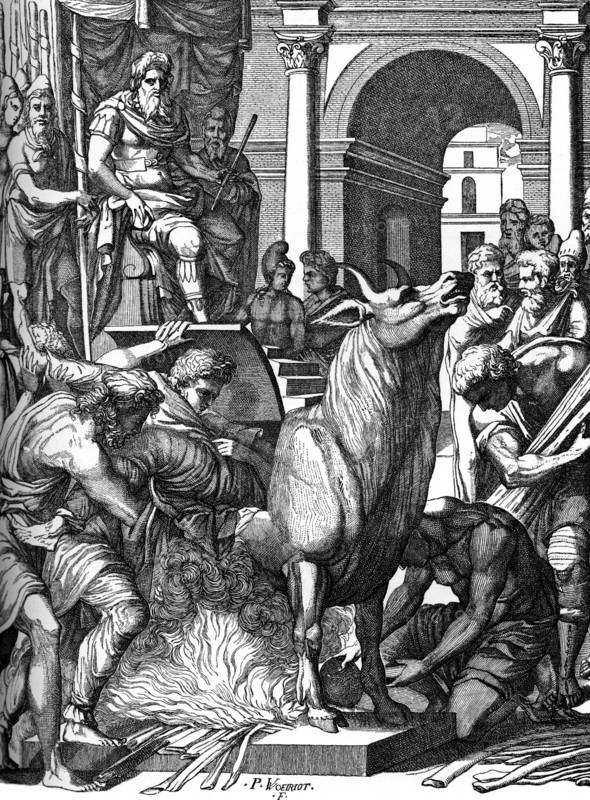 'Perillus condemned to the bronze bull by Phalaris', 16th century, (1870). Artist: Pierre Woeiriot de Bouze