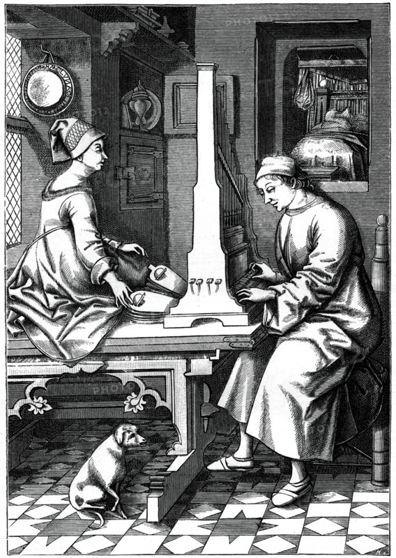 German musician executing a piece of music upon a portable organ, 15th century, (1870).Artist: Israel van Mecken