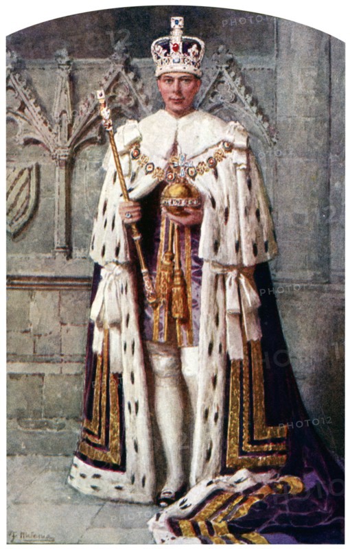 George VI in coronation robes: the Robe of Purple Velvet, with the Imperial State Crown, 1937.Artist: Fortunino Matania