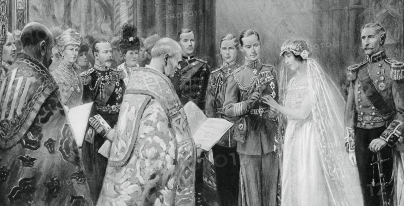 The Duke of York placing the ring on Lady Elizabeth Bowes-Lyon's finger, 26 April 1923, (1937). Creator: Unknown.