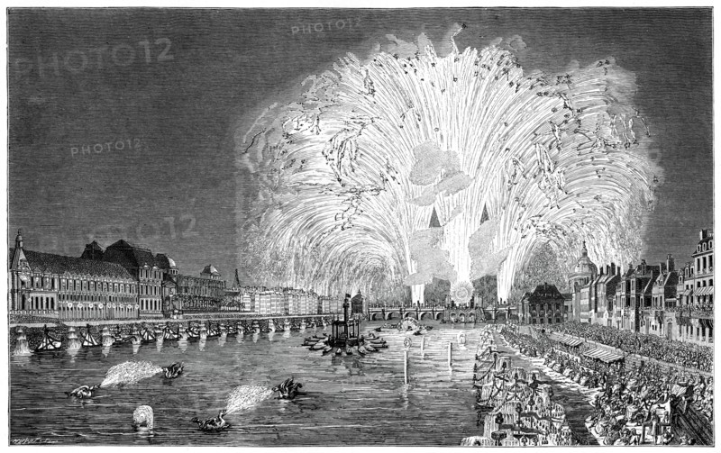 Fireworks On The Bridge, Paris, 1754, (1885). Artist: Unknown