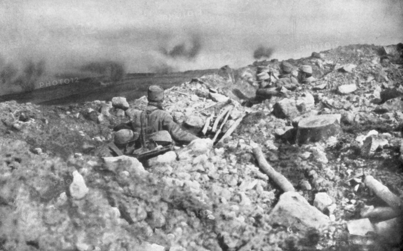 French artillery assault on the Eparges ridge, near Verdun, France, 2 August 1915. Artist: Unknown