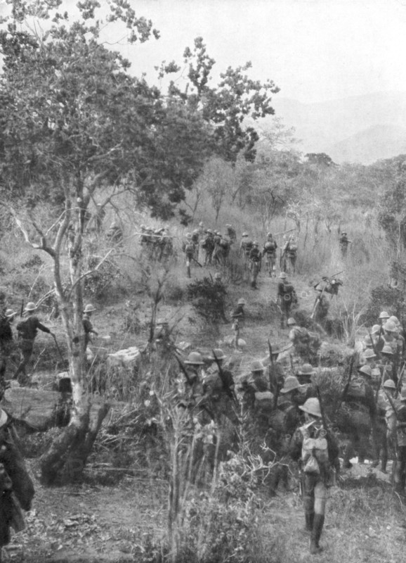 British troops in the bush on the borders of German East Africa, World War I, 1915. Artist: Unknown