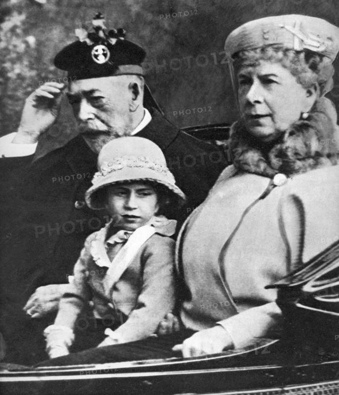King George V and Queen Mary with Princess Margaret driving to church, Balmoral, c1930s. Artist: Unknown