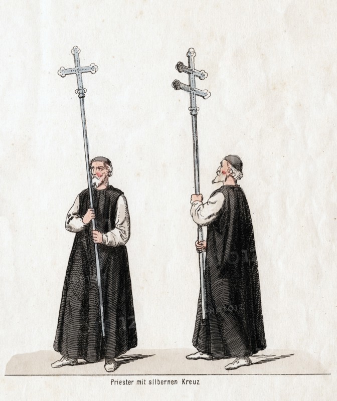 Priest with silver cross, costume design for Shakespeare's play, Henry VIII, 19th century. Artist: Unknown