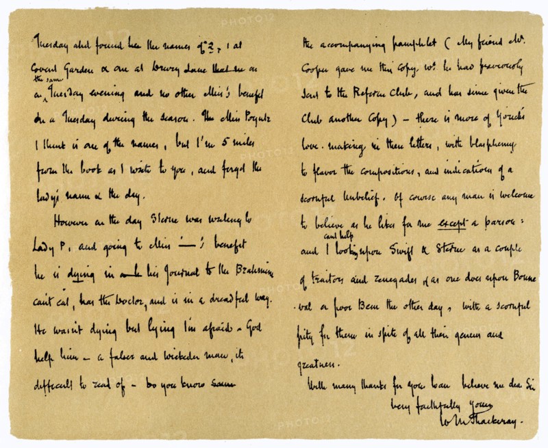 Letter from William Makepeace Thackery to TW Gibbs, 12th September 1851.Artist: William Makepeace Thackeray