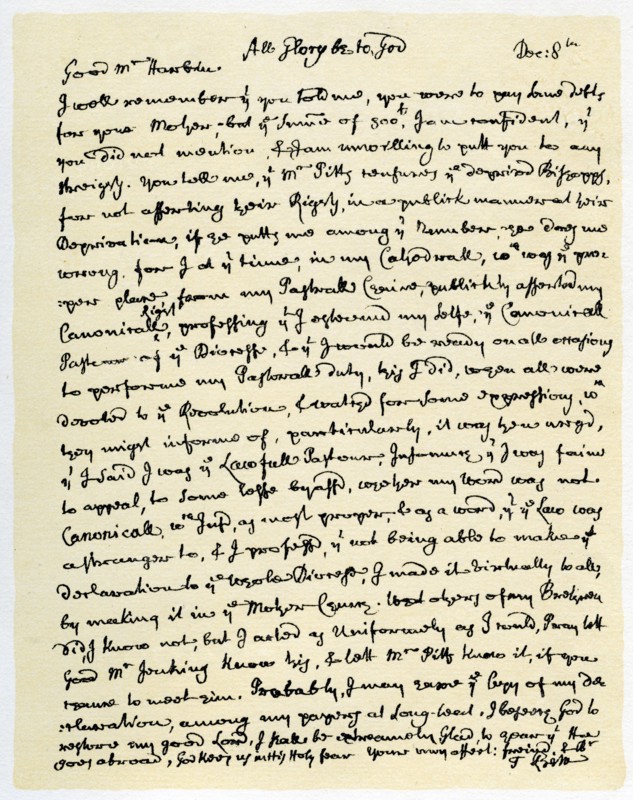 Letter from Thomas Ken, Bishop of Bath and Wells to George Harbin, c1709.Artist: Thomas Ken