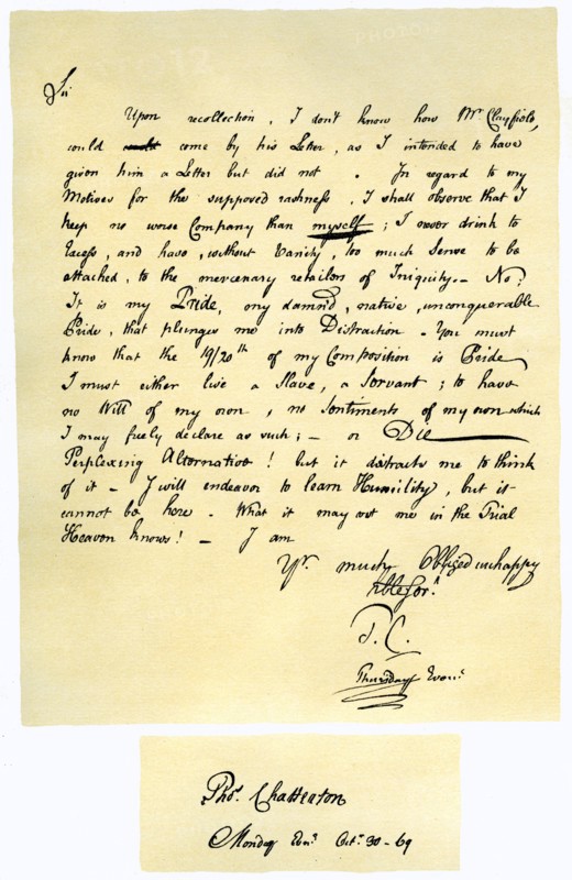 Letter from Thomas Chatterton to William Barrett, 1769.Artist: Thomas Chatterton