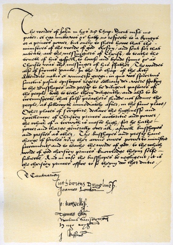 Episcopal Declaration of Archbishop Crammer and seven other English bishops, c1537.Artist: Thomas Cranmer