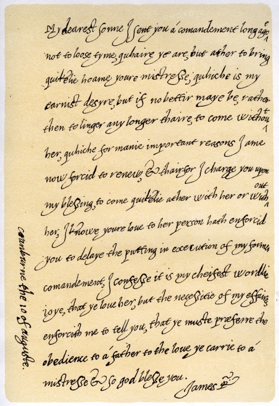 Letter from James I to his son, Charles, Prince of Wales, 10th August 1623.Artist: King James I