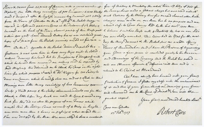 Letter from Robert Clive to Thomas Pelham-Holles, 23rd February 1757.Artist: Robert Clive