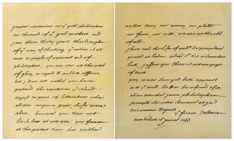 Letter from Francois Marie Arouet de Voltaire to George Keat, 16th January 1760.Artist: Voltaire