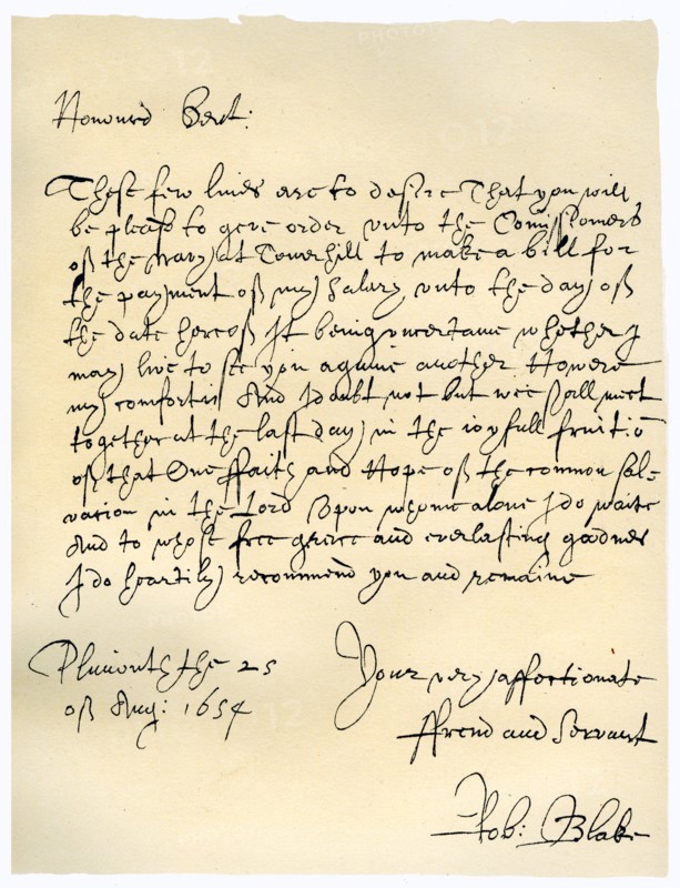 Letter from Admiral Robert Blake to the Commissioners of the Admiralty, 25th August 1654.Artist: Robert Blake