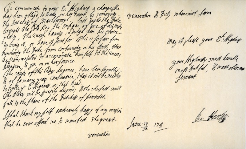 Letter from Robert Harley, Earl of Oxford, to the future King George I, c1711.Artist: Robert Harley, Earl of Oxford
