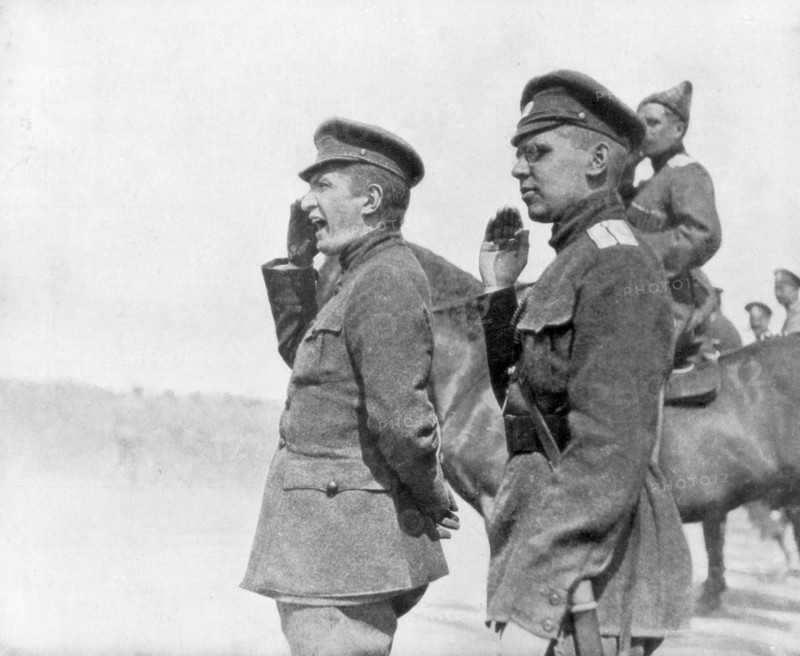Alexander Kerensky during a review of Russian troops, First World War, 1917. Artist: Unknown