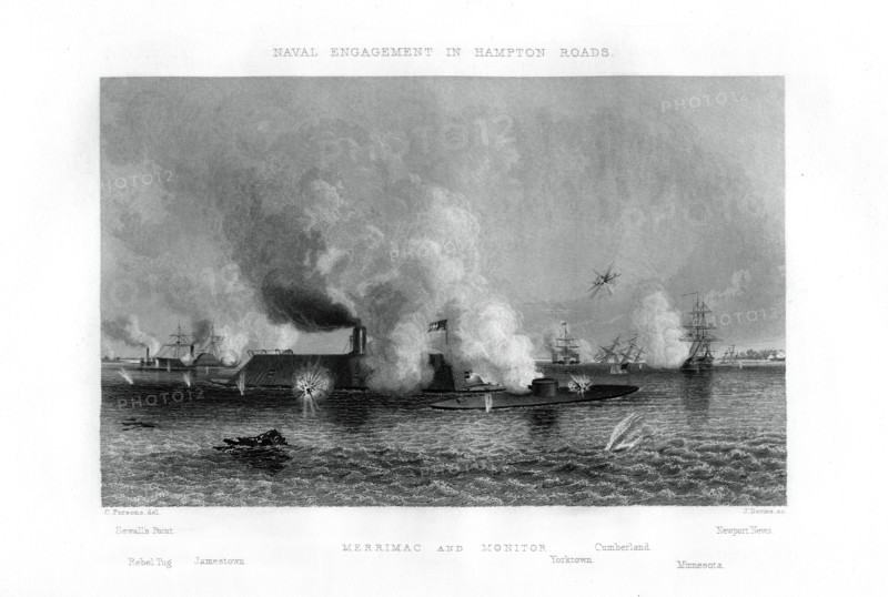 Battle of the 'Monitor' and the 'Merrimack', Hampton Roads, Virginia, 9 March 1862 (1862-1867).Artist: J Davies