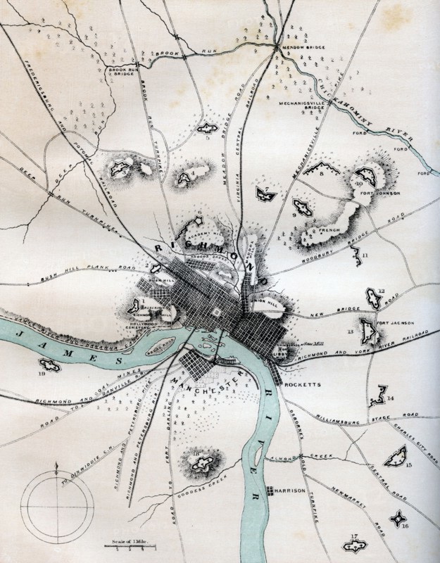 A map of Richmond and its vicinity showing all batteries, 1862-1867.Artist: W Kemble