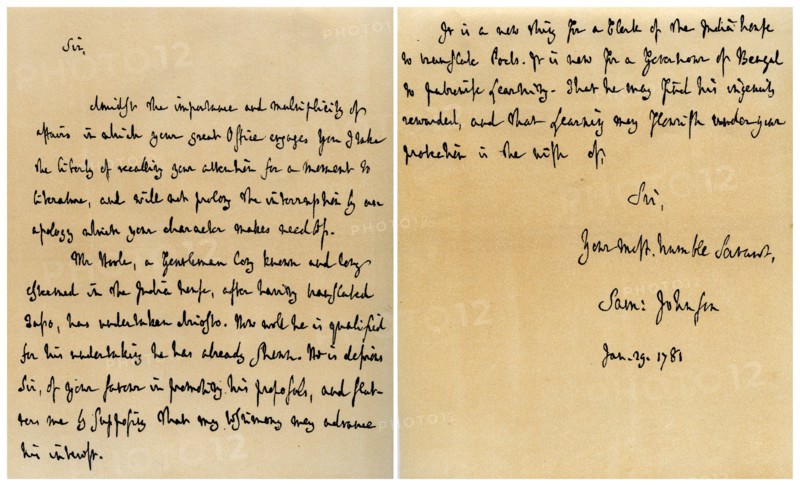 Letter from Dr Samuel Johnson to Warren Hastings, 29th January 1781.Artist: Dr Samuel Johnson