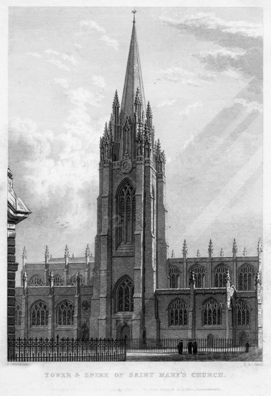 Tower and spire of Saint Mary's Church, Oxford, 1833.Artist: John Le Keux