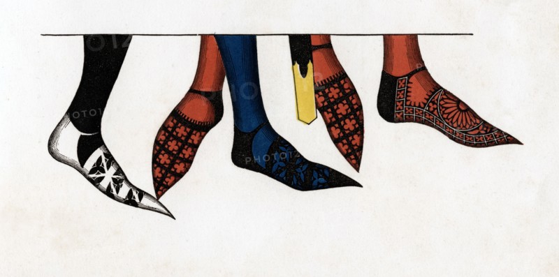 The hose and shoes worn by princes at the court of Edward III, (1312-1377), 1840.  Artist: Henry Shaw